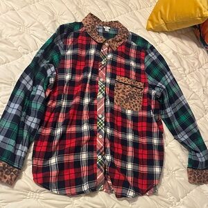Aerie Flannel Red and Green Plaid Shirt with Leopard Details (pajama top)